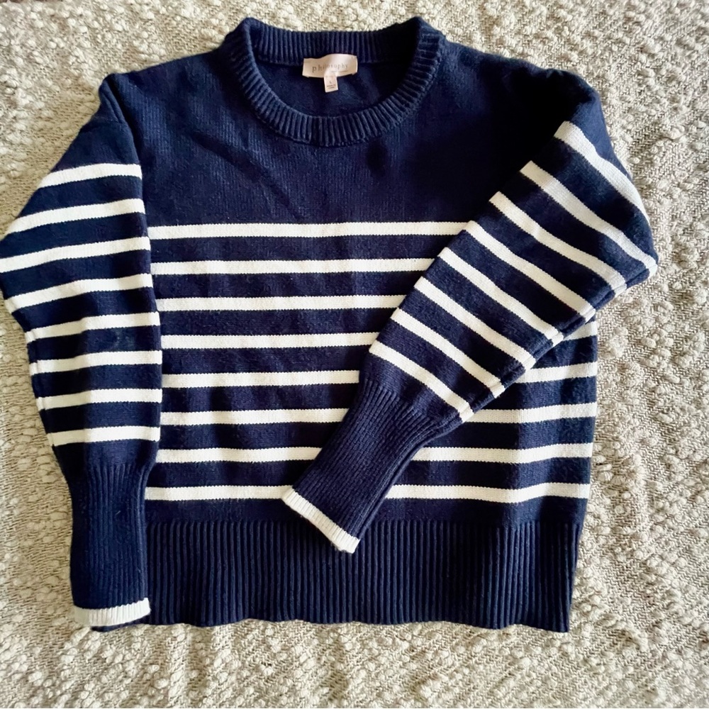 Philosophy Navy and White Striped Crew Neck Sweater Size L